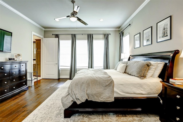 6003 Matthew Oaks Pl, Houston, TX 77007 - bedroom featuring crown molding, dark wood-style floors, and a ceiling fan