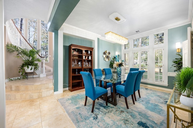 17511 Hawkin Ln, Tomball, TX 77377 - dining room featuring stairs, crown molding, and tile patterned flooring