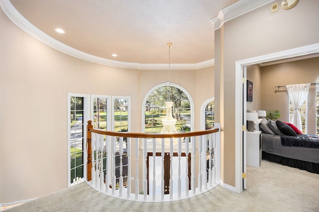 17511 Hawkin Ln, Tomball, TX 77377 - hallway with carpet floors, crown molding, an upstairs landing, and recessed lighting