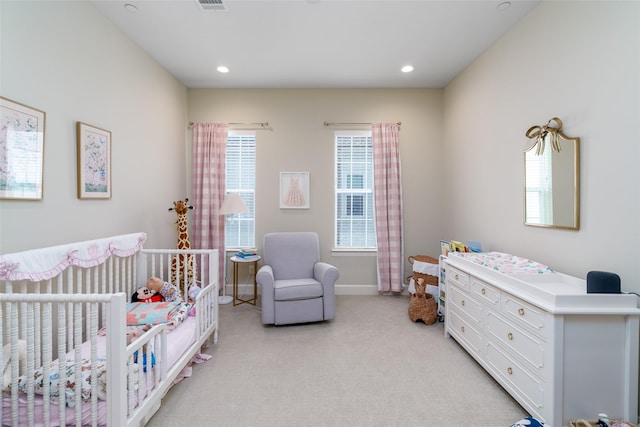 817 Blackshire Ln, Houston, TX 77055 - bedroom featuring a crib, light colored carpet, baseboards, and recessed lighting