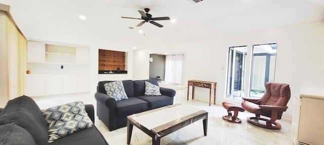 7515 Hopewell Ln, Houston, TX 77071 - living area with built in features, a ceiling fan, recessed lighting, and light marble finish floors