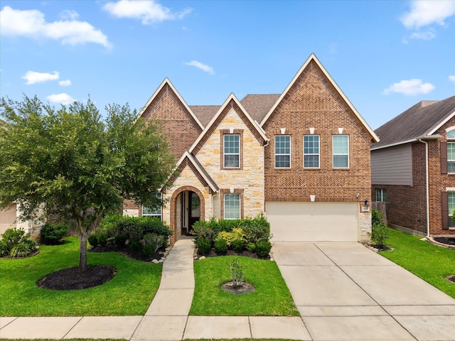 18118 Berry Garden Ln, Spring, TX 77379 - view of front of home with an attached garage, a front lawn, driveway, and stone siding