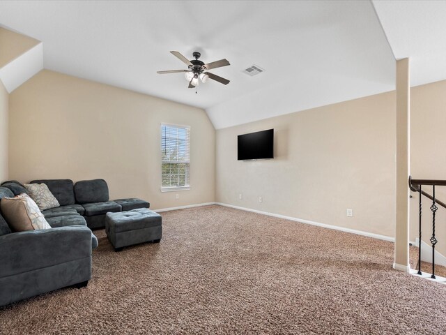 18118 Berry Garden Ln, Spring, TX 77379 - living area featuring a ceiling fan, vaulted ceiling, carpet floors, and baseboards