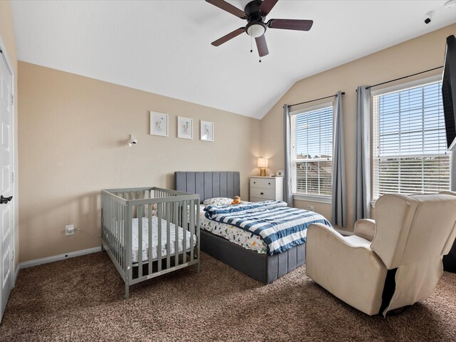 18118 Berry Garden Ln, Spring, TX 77379 - bedroom featuring carpet floors, vaulted ceiling, baseboards, and a ceiling fan