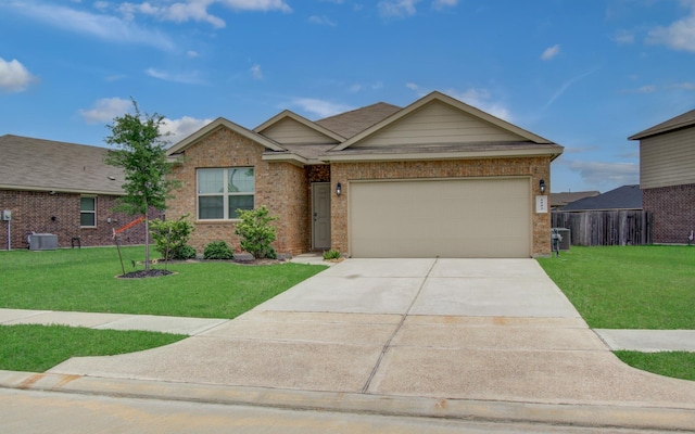 6002 Purple Iris St, Katy, TX 77449 - ranch-style house featuring brick siding, a garage, concrete driveway, and central AC unit