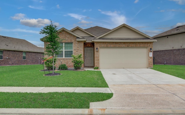 6002 Purple Iris St, Katy, TX 77449 - view of front of house with brick siding, a garage, a front lawn, and concrete driveway