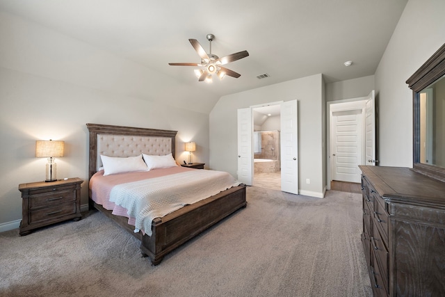 19006 River Otter Ln, Cypress, TX 77433 - bedroom featuring carpet, baseboards, vaulted ceiling, ensuite bathroom, and a ceiling fan