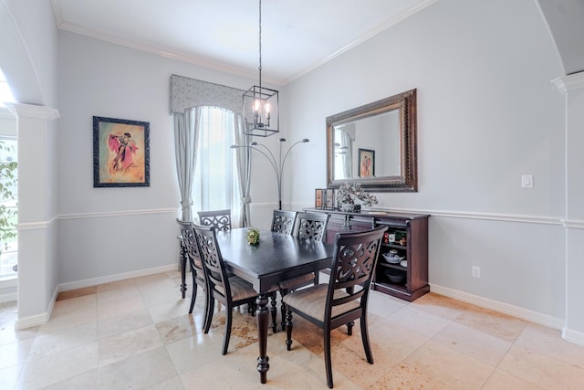 3907 Movado Ct, Spring, TX 77386 - dining space featuring decorative columns, ornamental molding, baseboards, and a chandelier