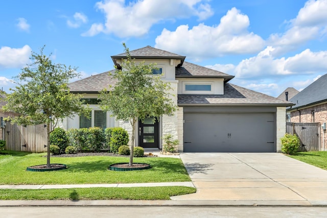 19015 Giara Pony Trl, Tomball, TX 77377 - view of front facade with roof with shingles, a garage, concrete driveway, and stucco siding