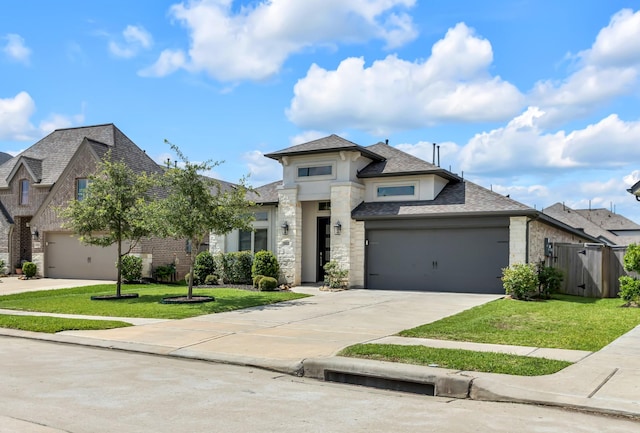 19015 Giara Pony Trl, Tomball, TX 77377 - view of front of property with driveway, a garage, a shingled roof, brick siding, and stone siding