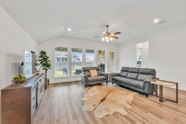 19015 Giara Pony Trl, Tomball, TX 77377 - living room with light wood finished floors, a ceiling fan, vaulted ceiling, and recessed lighting