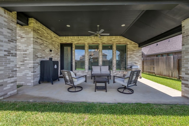 19015 Giara Pony Trl, Tomball, TX 77377 - view of patio / terrace featuring a ceiling fan and an outdoor hangout area