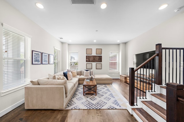 1226 W 17th St Unit D, Houston, TX 77008 - living area featuring plenty of natural light, baseboards, wood finished floors, recessed lighting, and stairs