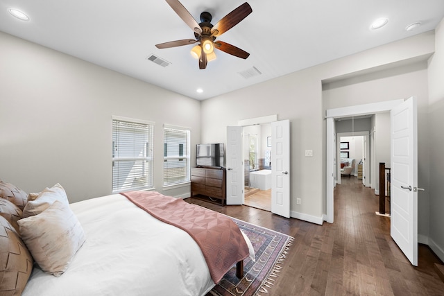 1226 W 17th St Unit D, Houston, TX 77008 - bedroom with recessed lighting, dark wood-style floors, baseboards, a ceiling fan, and ensuite bath