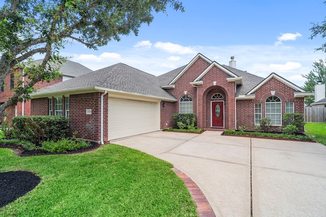 20506 Nellie Gail Trail Ln, Katy, TX 77450 - traditional-style house featuring brick siding, roof with shingles, driveway, an attached garage, and a chimney