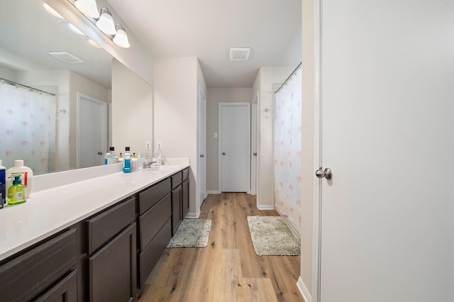 11311 Cascading Stream Way, Houston, TX 77044 - bathroom featuring wood finished floors, vanity, baseboards, and curtained shower