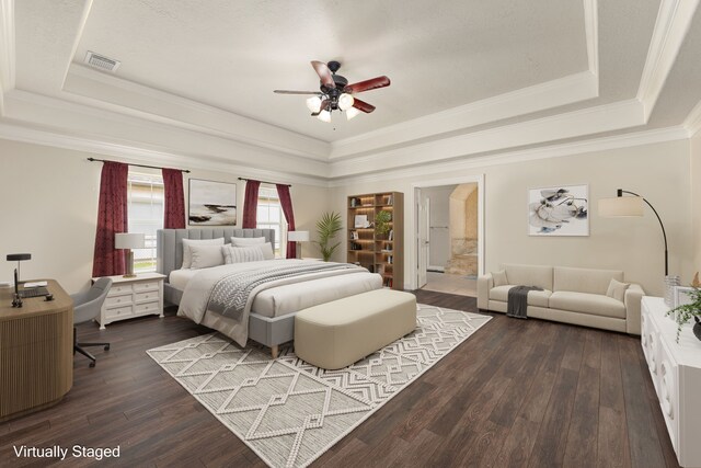 19509 Desna Dr, Porter, TX 77365 - bedroom with a raised ceiling, dark wood-style floors, crown molding, and ensuite bath