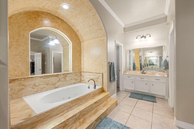 19509 Desna Dr, Porter, TX 77365 - full bath featuring crown molding, a jetted tub, vanity, and tile patterned floors