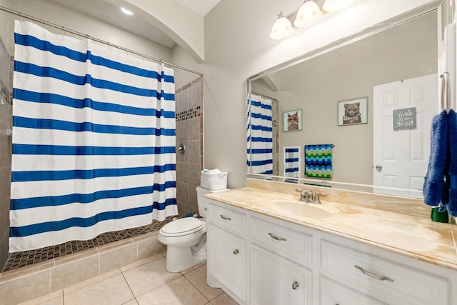 19509 Desna Dr, Porter, TX 77365 - full bath featuring vanity, tile patterned flooring, toilet, and curtained shower