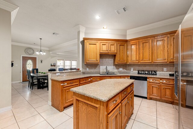 19509 Desna Dr, Porter, TX 77365 - kitchen with dishwasher, a sink, brown cabinetry, light tile patterned floors, and ornamental molding