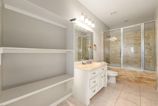 19509 Desna Dr, Porter, TX 77365 - full bath with tile patterned floors, vanity, toilet, and bath / shower combo with glass door