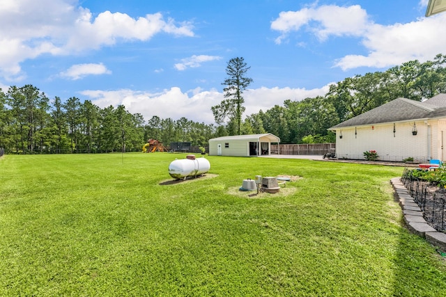 19509 Desna Dr, Porter, TX 77365 - view of yard featuring a playground and view of wooded area