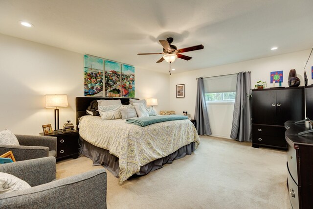 29 Quintana Dr, Galveston, TX 77554 - bedroom featuring light colored carpet, recessed lighting, and a ceiling fan