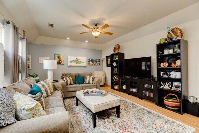29 Quintana Dr, Galveston, TX 77554 - living room with wood finished floors, ceiling fan, and recessed lighting