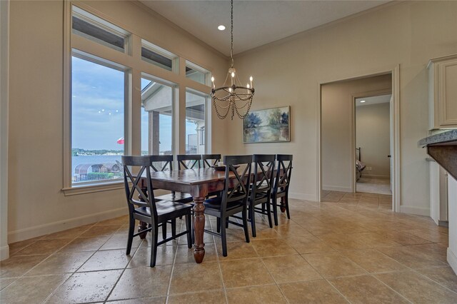 19926 Gemstone Dr, Montgomery, TX 77356 - dining area featuring a chandelier, baseboards, crown molding, and recessed lighting