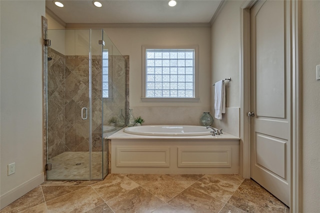 19926 Gemstone Dr, Montgomery, TX 77356 - bathroom featuring ornamental molding, a bath, a shower stall, and recessed lighting