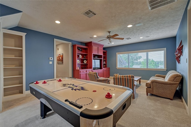 19926 Gemstone Dr, Montgomery, TX 77356 - recreation room featuring light carpet, ceiling fan, recessed lighting, baseboards, and lofted ceiling