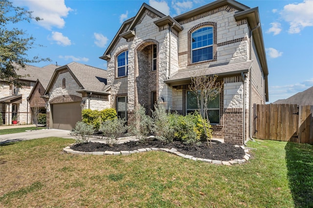 2023 Aspen Point Ln, Richmond, TX 77469 - french country inspired facade with brick siding, a garage, driveway, and stone siding