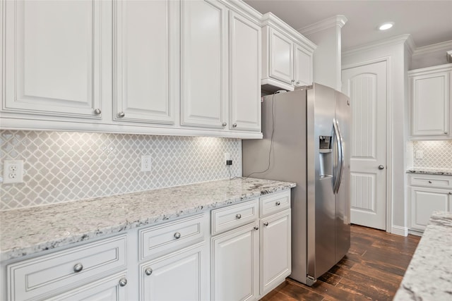 2023 Aspen Point Ln, Richmond, TX 77469 - kitchen featuring stainless steel fridge, white cabinets, decorative backsplash, ornamental molding, and recessed lighting