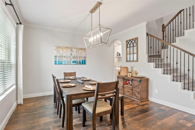 2023 Aspen Point Ln, Richmond, TX 77469 - dining space with dark wood-style flooring, crown molding, stairway, arched walkways, and baseboards