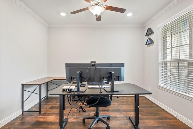 2023 Aspen Point Ln, Richmond, TX 77469 - office area featuring a ceiling fan, wood finished floors, baseboards, and crown molding