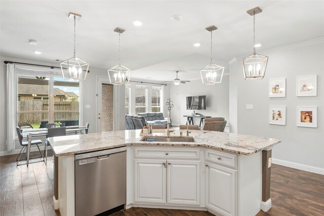 2023 Aspen Point Ln, Richmond, TX 77469 - kitchen featuring stainless steel dishwasher, a chandelier, dark wood finished floors, a sink, and ornamental molding