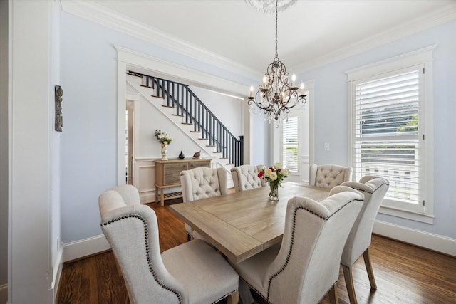 300 E 26th St, Houston, TX 77008 - dining room with a chandelier, stairs, crown molding, wood finished floors, and baseboards