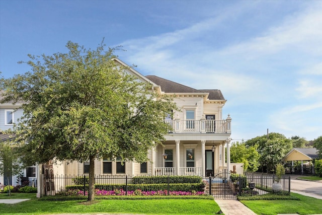 300 E 26th St, Houston, TX 77008 - view of front of home with covered porch, a fenced front yard, a gate, roof with shingles, and a balcony
