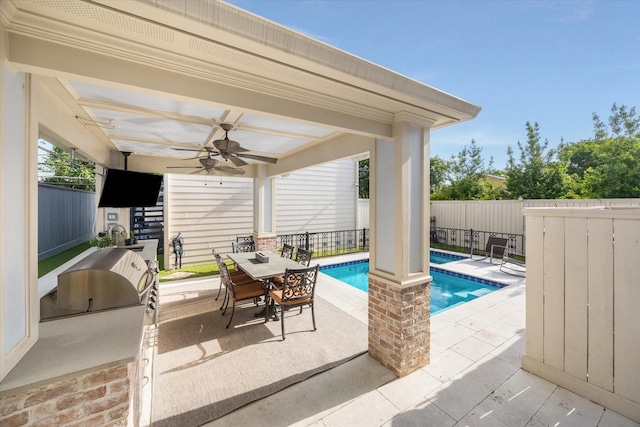 300 E 26th St, Houston, TX 77008 - view of pool with ceiling fan, exterior kitchen, a fenced backyard, a patio area, and outdoor dining area