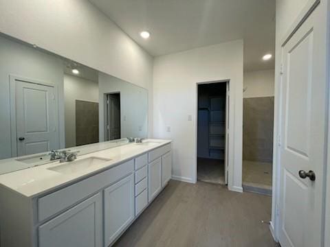 1202 Garrett Sudhendrio Dr, Crosby, TX 77532 - bathroom featuring wood finished floors, double vanity, baseboards, and recessed lighting