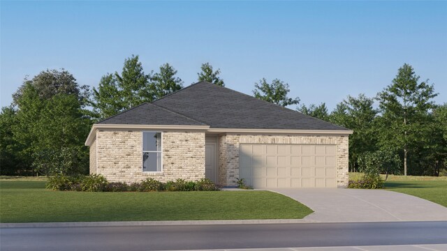 1202 Garrett Sudhendrio Dr, Crosby, TX 77532 - single story home featuring an attached garage, driveway, a front lawn, brick siding, and roof with shingles