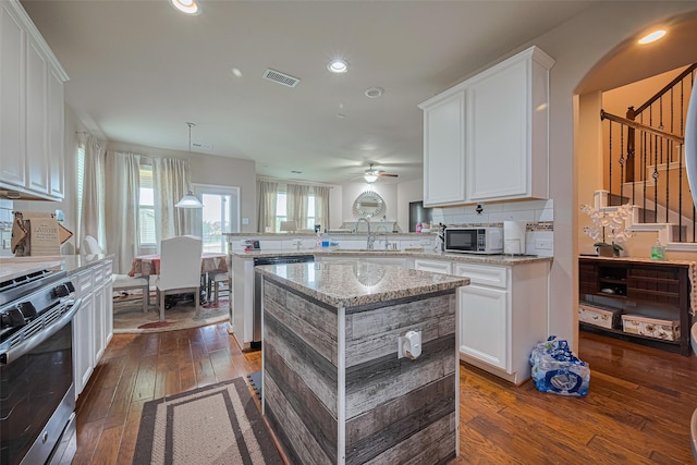 2812 Baywater Creek Ln, Pearland, TX 77089 - kitchen with appliances with stainless steel finishes, a peninsula, white cabinetry, and recessed lighting