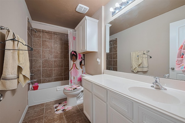 2812 Baywater Creek Ln, Pearland, TX 77089 - bathroom with shower / bathtub combination with curtain, vanity, toilet, baseboards, and tile patterned flooring
