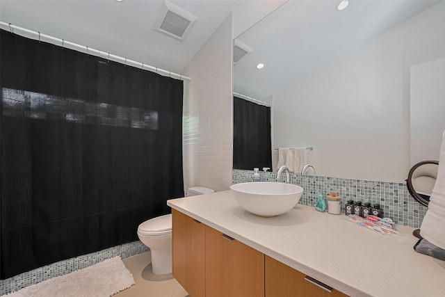 118 Angel Leaf Rd, The Woodlands, TX 77380 - bathroom featuring toilet, vanity, decorative backsplash, tile patterned floors, and a shower with shower curtain