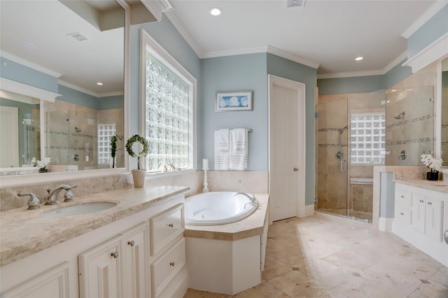19 Royal Hampton Ct, Sugar Land, TX 77479 - full bath featuring a shower stall, recessed lighting, two vanities, a bath, and crown molding