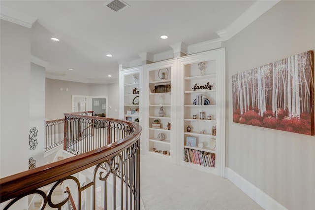 19 Royal Hampton Ct, Sugar Land, TX 77479 - hall with an upstairs landing, crown molding, carpet flooring, and recessed lighting