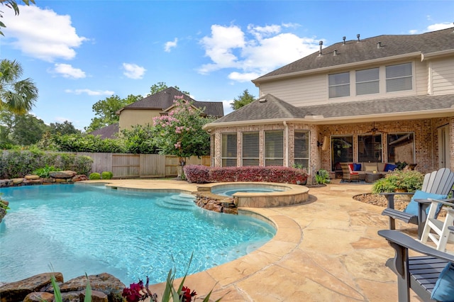 19 Royal Hampton Ct, Sugar Land, TX 77479 - view of pool with a patio, a fenced backyard, an outdoor hangout area, a pool with connected hot tub, and ceiling fan