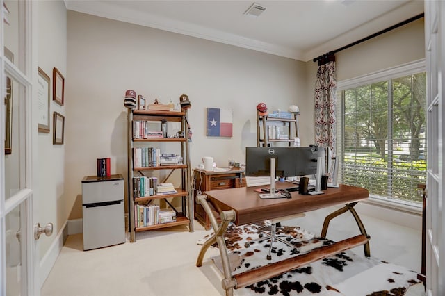 19 Royal Hampton Ct, Sugar Land, TX 77479 - office area featuring light colored carpet, ornamental molding, plenty of natural light, and baseboards