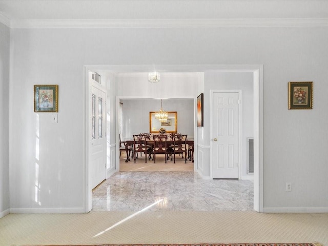 4614 Jamaica Dr, Sugar Land, TX 77479 - dining room featuring crown molding, carpet, a chandelier, and baseboards