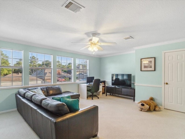 4614 Jamaica Dr, Sugar Land, TX 77479 - living room with carpet, a textured ceiling, an office area, ceiling fan, and ornamental molding